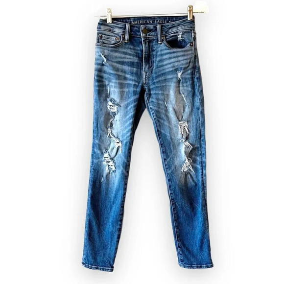 American Eagle Slim Destroyed Jeans 26 X 28 Youth‎ Tween Light Blue Denim Ripped - Picture 1 of 11